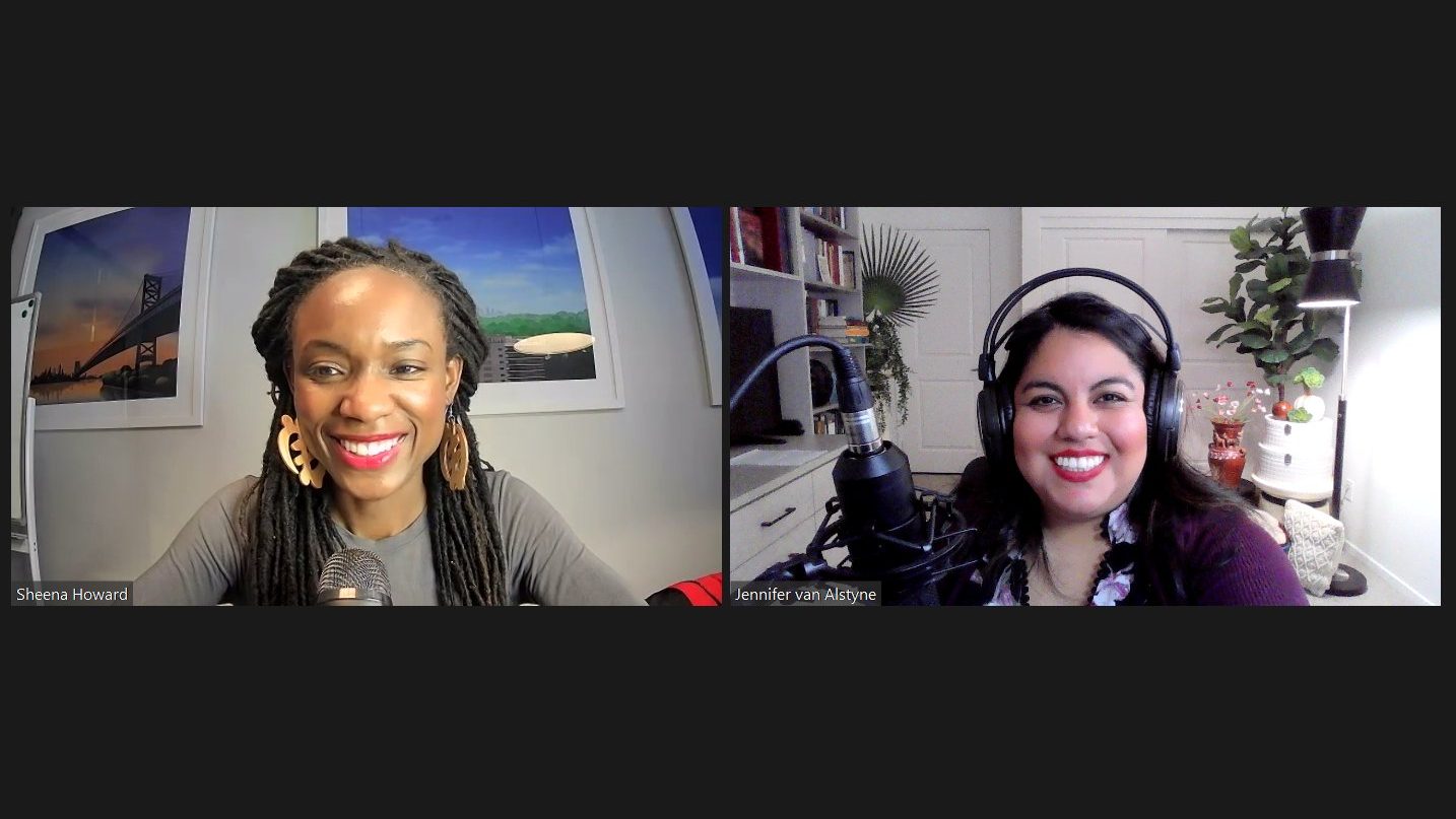 Dr. Sheena Howard and Jennifer van Alstyne smile at the camera at their live event