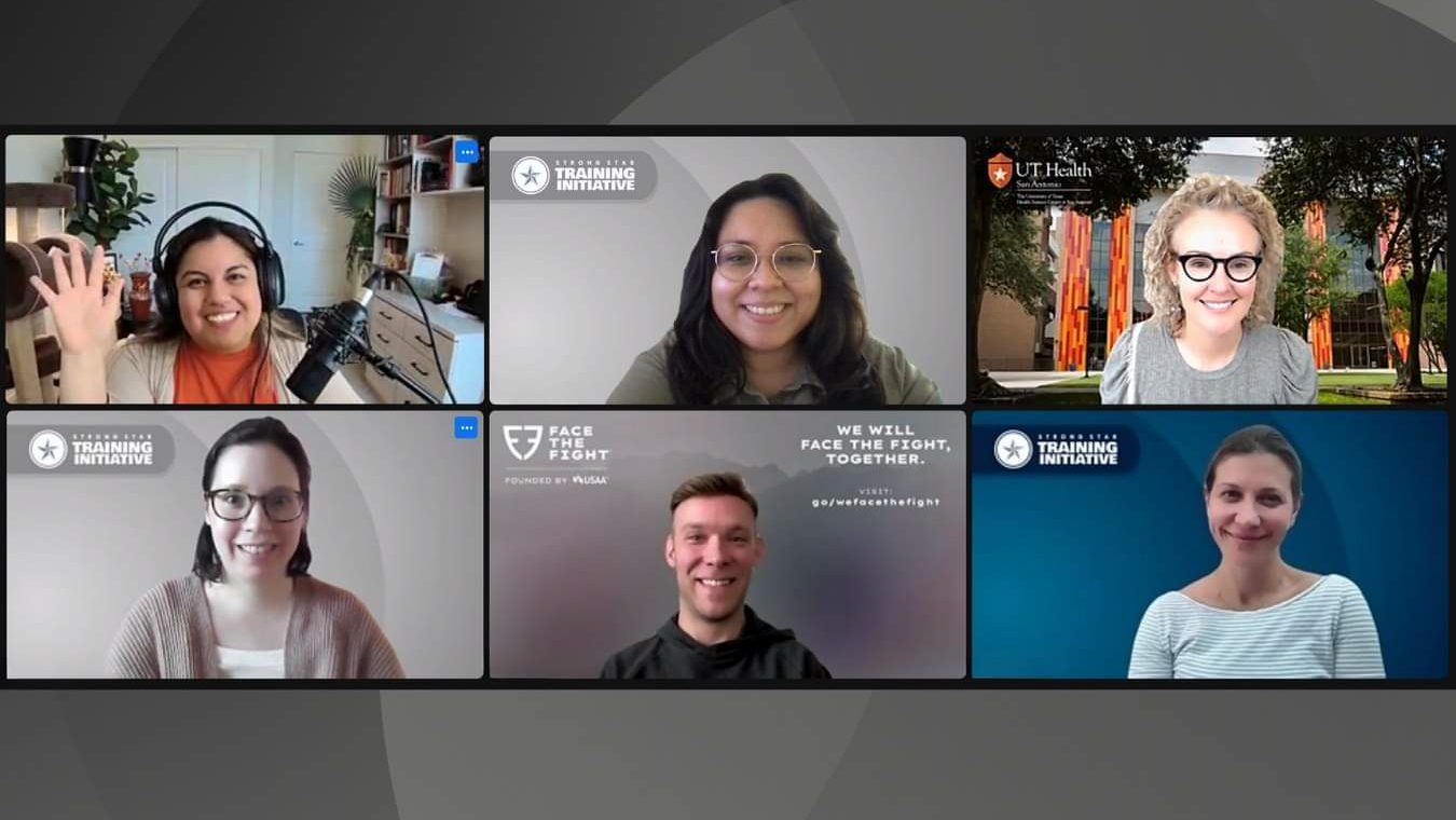 Jennifer waves at the camera. She's on a virtual meeting with 5 people from the STRONG STAR Training Initiative team